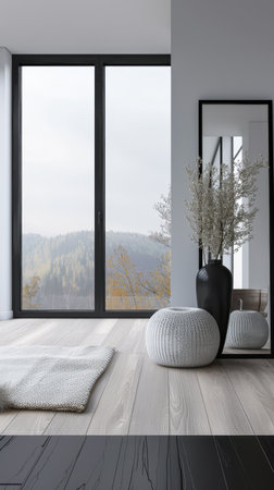 Minimalist property interiors composition with minimal furniture, a large window and a mirror in an empty room. Interiors design composition in mute colors with copy space.の素材