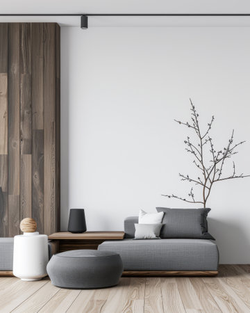 Minimalist zen apartment interiors design in calming colors with minimal furniture and copy space. Oriental inspired Real Estate luxury property.の素材