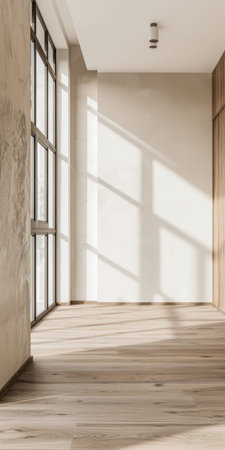 Empty room interiors in warm neutral colors with day lighting, minimal furniture and copy space. Conceptual Interiors design composition image for Real Estateの素材