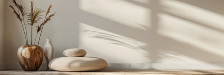 Minimalist serene corner in an apartment room with minimal decor and copy space. Relaxing and meditation spaces conceptual image.の素材