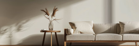 Minimalist living room interiors in war colors with elegant furniture and a large window casting lighting. Contemporary Real Estate interiors composition with copy space.の素材