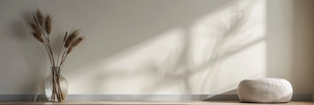 Minimalist serene corner in an apartment room with minimal decor and copy space. Relaxing and meditation spaces conceptual image.の素材