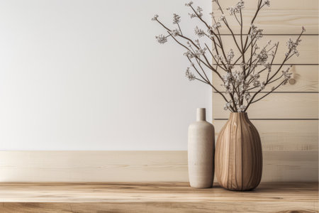 Rustic interiors composition with minimal wooden furniture, natural lighting and copy space. Minimalist Rustic American interiors design composition.の素材