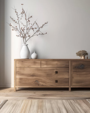 Rustic interiors composition with minimal wooden furniture, natural lighting and copy space. Minimalist Rustic American interiors design composition.の素材