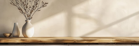 Rustic interiors composition with minimal wooden furniture, natural lighting and copy space. Minimalist Rustic American interiors design composition.の素材