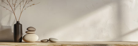 Zen inspired luxury apartment interiors with minimal furniture, warm colors and natural lighting. Residential calming spaces conceptual composition.の素材