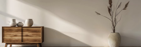 Minimalist interiors in neutral colors with oriental arrangements and window lighting. Residential interiors design composition with copy space.の素材