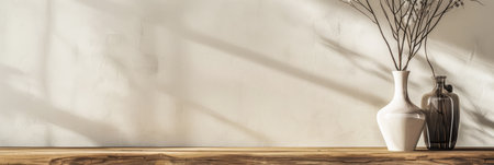 Rustic interiors composition with minimal wooden furniture, natural lighting and copy space. Minimalist Rustic American interiors design composition.の素材