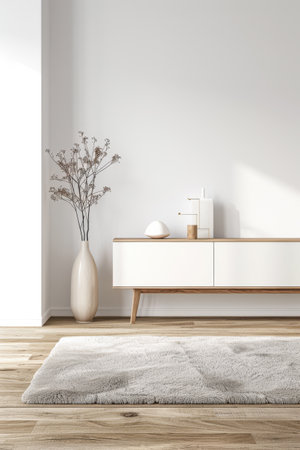 Luxury property interiors composition with minimal furniture made of wood and copy space. Rustic realty conceptual image in neutral colors.の素材