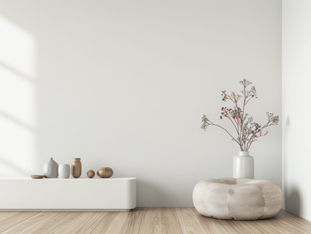 Minimalist apartment interiors in neutral colors, minimal decor and copy space. Serene interiors conceptual image for Real Estate ads.の素材