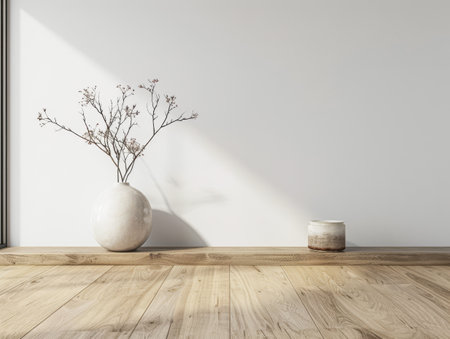 Oriental inspired interiors design decor composition with minimal furniture, neutral lighting, a large window and copy space. Residential Real Estate mockup image for advertising.の素材