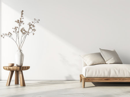 Oriental inspired interiors design decor composition with minimal furniture, neutral lighting, a large window and copy space. Residential Real Estate mockup image for advertising.の素材