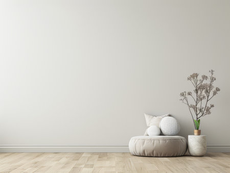 Minimalist apartment interiors in neutral colors, minimal decor and copy space. Serene interiors conceptual image for Real Estate ads.の素材