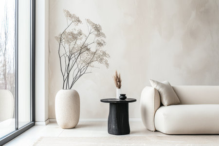 Elegant interiors design composition in soft colors with minimal furniture and natural lighting. Minimalist Real Estate interiors composition with copy space.の素材