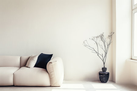 Minimalist interiors composition in plain colors with a large window, minimal furniture and copy space. Residential interiors design composition for Real Estate.の素材