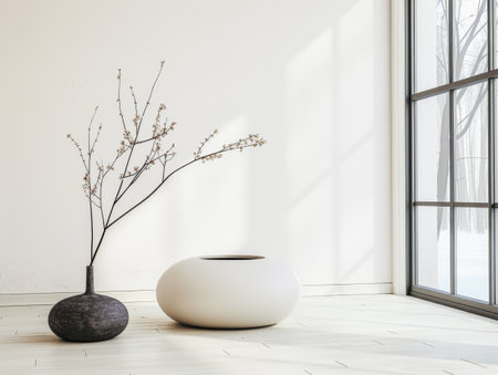 Minimalist interiors design composition with zen touches and neutral colors. Luxury oriental interiors with copy space.の素材