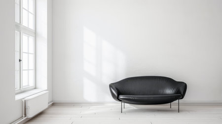 Minimalist interiors composition in plain colors with a large window, minimal furniture and copy space. Residential interiors design composition for Real Estate.の素材