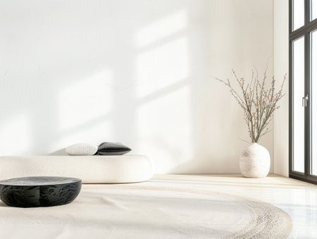 Minimalist interiors design composition with zen touches and neutral colors. Luxury oriental interiors with copy space.の素材