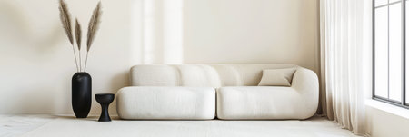 Minimalist interiors composition in plain colors with a large window, minimal furniture and copy space. Residential interiors design composition for Real Estate.の素材