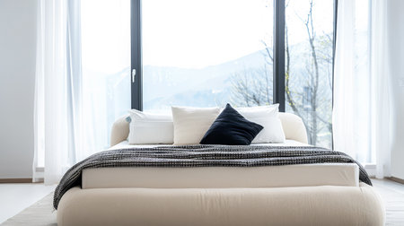 Luxury bedroom interiors composition with a large bed placed next to a window. Residential Real Estate conceptual image.の素材