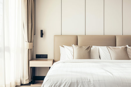 Luxurious hotel room interiors in warm tones with chic decor and natural lighting.の素材