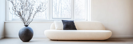 Interiors property design composition with a large window, minimalist furniture and contrasting colors. Residential Real estate interiors with copyspace.37の素材