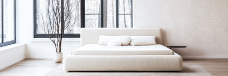 Bedroom interiors with an elegant bed next to a window and minimalist furniture. Residential spaces for relaxing composition with copyspace.の素材