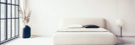 Bedroom interiors with an elegant bed next to a window and minimalist furniture. Residential spaces for relaxing composition with copyspace.の素材