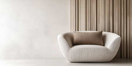 Luxury room interiors with natural lighting, warm colors, copyspace and minimal furniture. Minimalist residential interior design composition.の素材