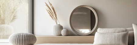 Luxurious empty room interiors with a window providing natural light, a mirror on the wall and minimal furniture. Luxury residential real estate composition in neutral colors.の素材