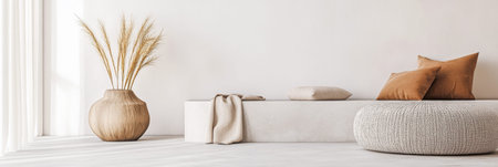 Japanese interior design composition with wabi sabi minimalist decor in warm colors. Oriental inspired interiors in neutral colors with copyspace.の素材