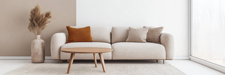 Minimalist living room interiors design composition with a table, a sofa and minimal decor next to a large window. Property interiors in warm tones with copyspace.の素材