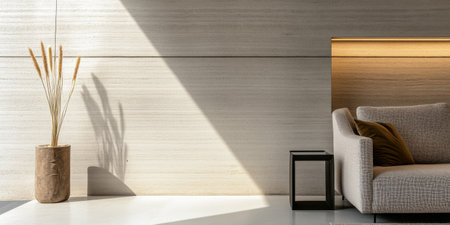 Oriental inspired interiors decoration in a luxury apartment with warm colors and light and shadow play. Residential interior design composition with minimal decor.の素材