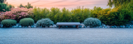 Calm and serene garden with ample copyspace, colorful skies and vegetation. Property outdoors conceptual image for reflection and relaxation.の素材
