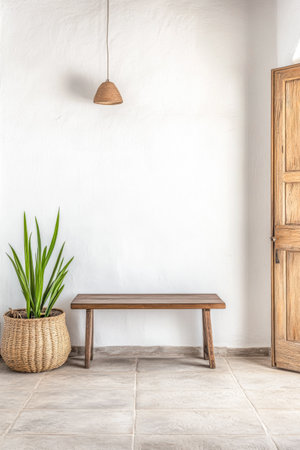 A calm, minimalist room featuring a simple wooden bench, wicker basket, and hanging light fixture. The white textured walls and natural tones give the space a serene and peaceful ambiance.の素材