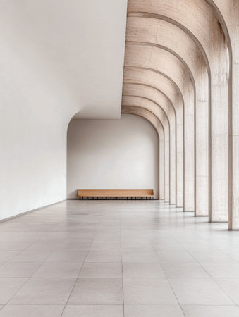 Minimalist empty room with large arches, neutral colors and natural lighting. Architectural concept image for luxury Real Estate.の素材