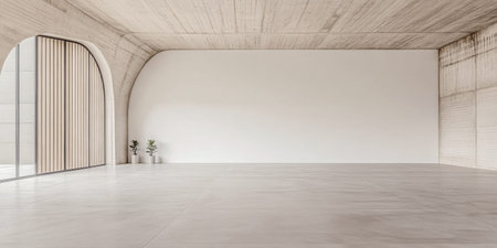 Minimalist empty room with large arches, neutral colors and natural lighting. Architectural concept image for luxury Real Estate.の素材