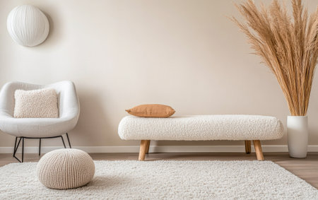 Serene minimalist living room space with cozy textures and natural elementsの素材