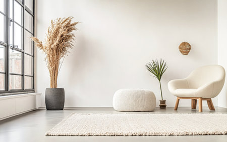 Calming and cosy minimalist room interiors for serene living. Relaxing interior design composition with elegant furniture and decor.の素材