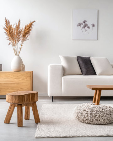 Modern minimalist living room interiors in neutral tones, with stylish furniture and natural lighting. Apartment interior design composition with copyspace.の素材