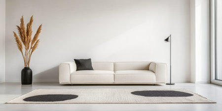 Luxury living room interior design composition with a sofa, natural lighting and copy space. Architectural design composition for showcasing purposes.の素材