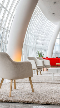 Modern minimalist living room interiors with bold furniture and decor. Luxury residential Real Estate interior design composition.の素材