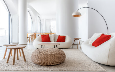 Modern minimalist living room interiors with bold furniture and decor. Luxury residential Real Estate interior design composition.の素材