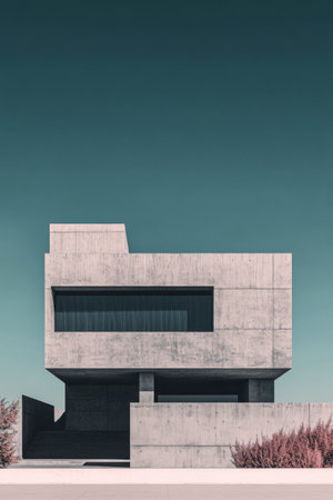 A striking modernist concrete house with a minimalist design featuring sharp lines and geometric shapes under a clear sky. The buildings austere facade contrasts with the blue sky, creating a visually compelling architectural statement.の素材