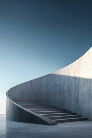 A modern curved staircase leading up to a smooth concrete wall, bathed in natural light. The minimalist design and clean lines reflect a sophisticated and serene architectural approach.の素材