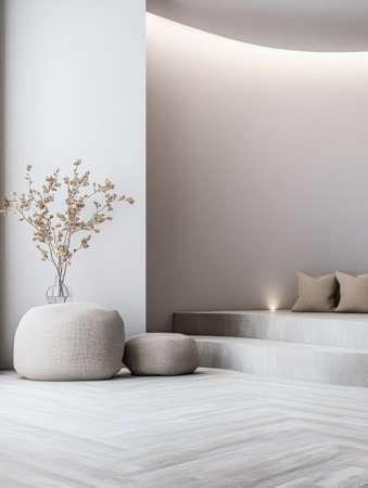 Empty room in neutral colors with ample copyspace, a large window filling the room with natural lighting and creating a play between daylight and shadows.の素材