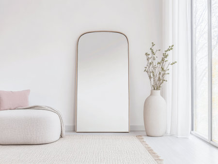 Minimalist interior design composition in neutral colors with a mirror next to a large window, a rug and a sofa.の素材