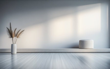 Empty room in neutral colors with ample copyspace, a large window filling the room with natural lighting and creating a play between daylight and shadows.の素材