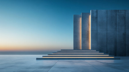A modern villa with a stunning sunset view, featuring illuminated architectural elements. The minimalist design with clean lines and concrete surfaces creates a serene and luxurious ambiance, perfectly complementing the natural beauty.の素材