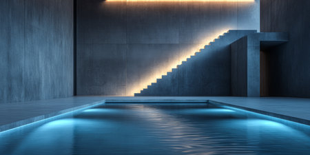 A modern villa interior featuring an illuminated staircase adjacent to a sleek, indoor pool. The minimalist design and soft lighting create a luxurious and serene environment, blending architecture and water in perfect harmony.の素材